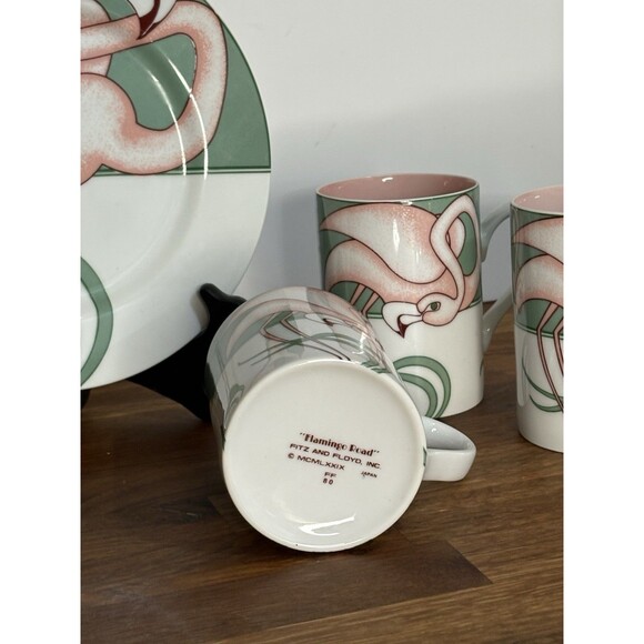 Rare Vintage Fitz & Floyd MCM Flamingo Road Porcelain Dessert Plates Mugs Set 4 - Picture 6 of 7
